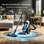 A realistic, high-definition image displaying a visual representation of 'The Art of Effective Vacuuming: Transform Your Cleaning Routine'. The main focus of the image should be an efficient, modern vacuum cleaner in the process of cleaning a well-maintained living room. The vacuum cleaner should be maneuvering around furniture items efficiently indicating precision and effectiveness. On the side, depict highlighted areas demonstrating effective vacuuming techniques, such as handling hard-to-reach corners, moving furniture, or varying suction power according to the type of surface.