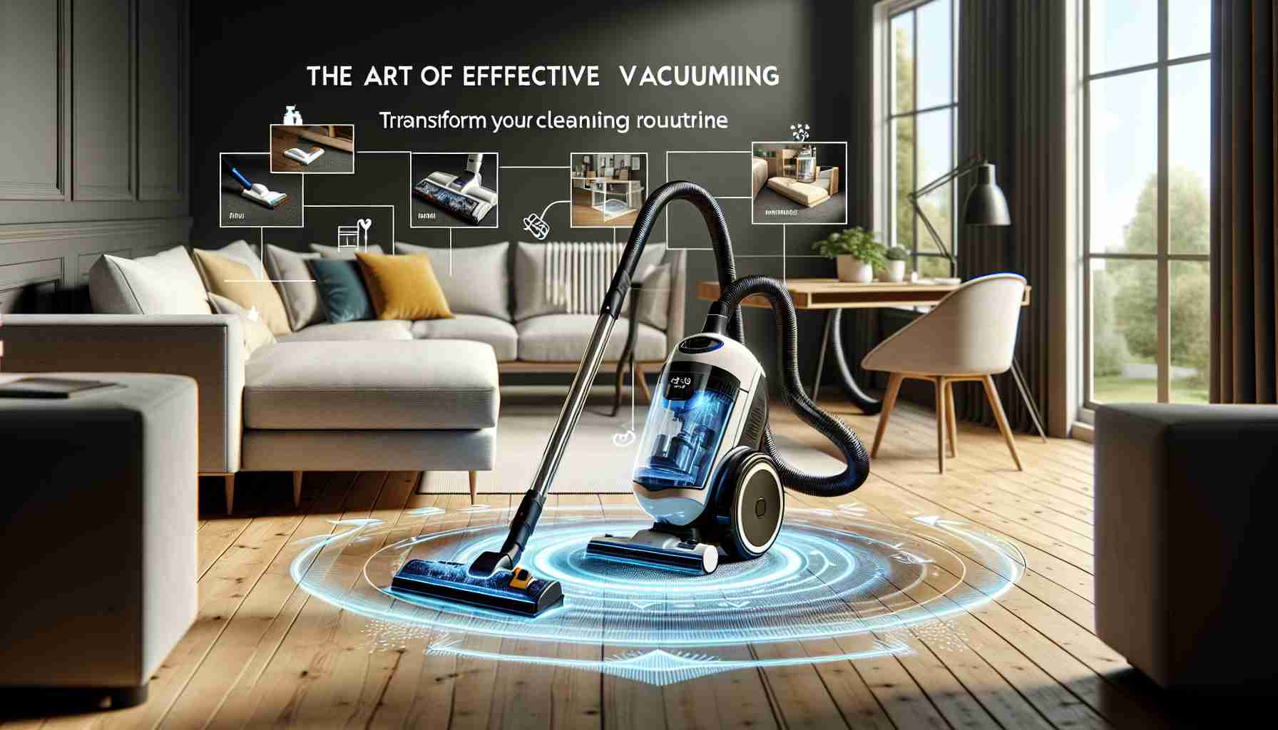 A realistic, high-definition image displaying a visual representation of 'The Art of Effective Vacuuming: Transform Your Cleaning Routine'. The main focus of the image should be an efficient, modern vacuum cleaner in the process of cleaning a well-maintained living room. The vacuum cleaner should be maneuvering around furniture items efficiently indicating precision and effectiveness. On the side, depict highlighted areas demonstrating effective vacuuming techniques, such as handling hard-to-reach corners, moving furniture, or varying suction power according to the type of surface.