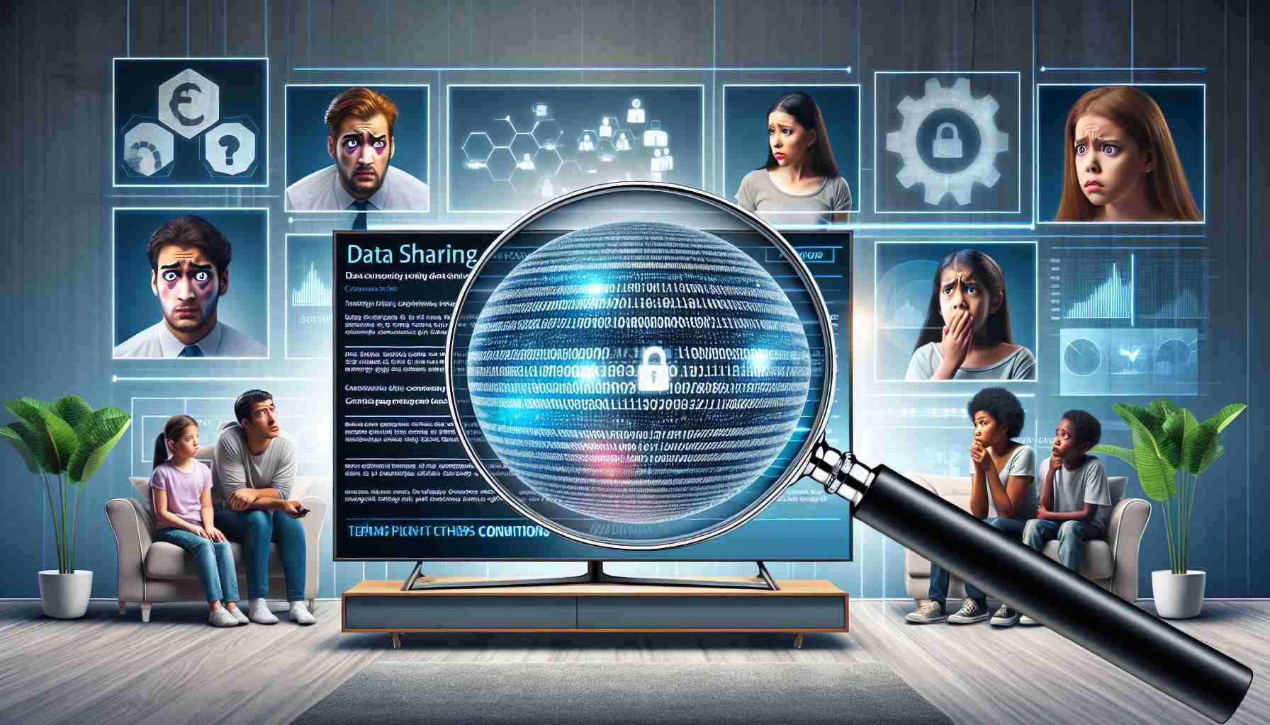 A high-definition, realistic image representing the raised concerns over data practices in the connected television industry. The photo might depict a large flat-screen smart TV showing a data sharing dialog with complex terms and conditions, in a living room setting. Symbolically, next to the TV, place a magnifying glass zooming into these terms, indicating scrutiny. On the other side, have a collage of different people - a caucasian male, a Hispanic female, a South Asian child, each expressing concern, symbolizing the diverse range of concern among users.