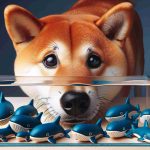 Realistic high-definition image illustrating the concept of decline in whale activity with a metaphorical depiction involving a Shiba Inu dog. The Shiba Inu dog represents eager and curious attention, while the metaphor of 'whale activity' could be visualized as a diminishing number of toy whales around the dog.