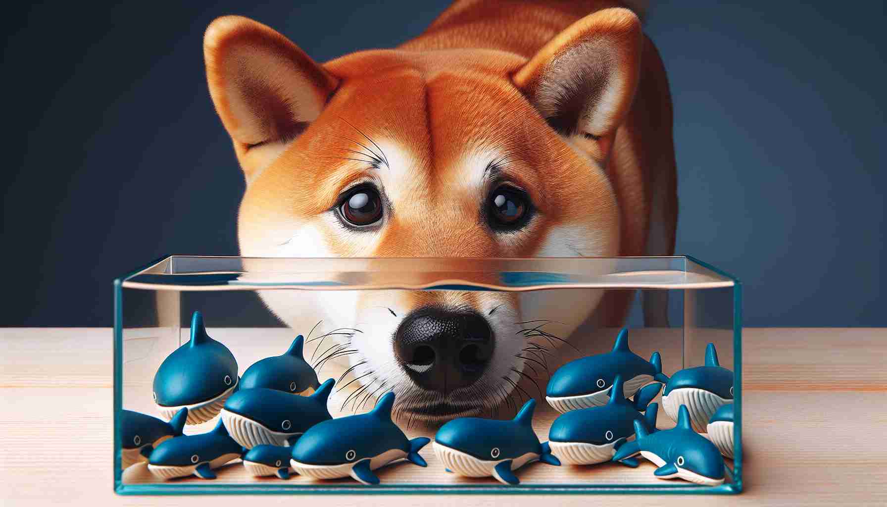 Realistic high-definition image illustrating the concept of decline in whale activity with a metaphorical depiction involving a Shiba Inu dog. The Shiba Inu dog represents eager and curious attention, while the metaphor of 'whale activity' could be visualized as a diminishing number of toy whales around the dog.