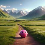 A high-definition, realistic image of a small, round, pink creature embarking on an adventure in an unfamiliar terrain. The small creature is bright pink, displays a cheerful disposition, and appears to be in constant motion. The unfamiliar terrain is vast, filled with lush green fields, tall, snow-capped mountains in the distance, a clear blue sky above, and the trail, a fine dust pathway, stretches out in front of the creature leading towards an uncertain future.