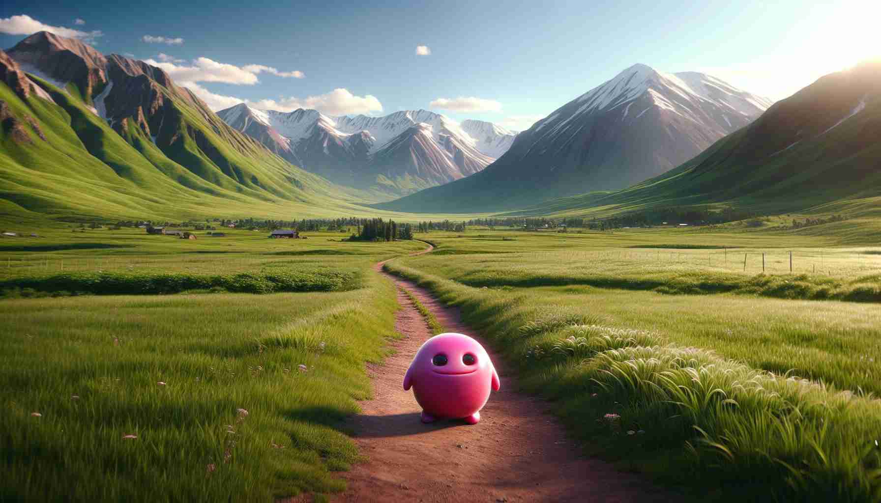 A high-definition, realistic image of a small, round, pink creature embarking on an adventure in an unfamiliar terrain. The small creature is bright pink, displays a cheerful disposition, and appears to be in constant motion. The unfamiliar terrain is vast, filled with lush green fields, tall, snow-capped mountains in the distance, a clear blue sky above, and the trail, a fine dust pathway, stretches out in front of the creature leading towards an uncertain future.