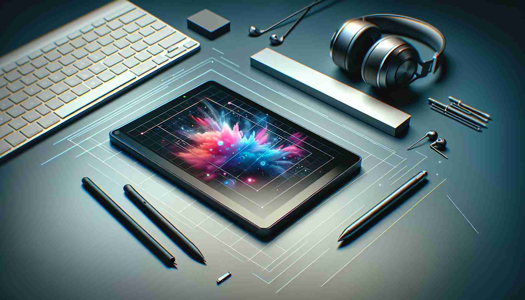 Generate a realistic high-definition image of a small, latest model tablet with sleek design, thin bezels, and a vibrant display, indicating the exploration of its limitations. The device should be placed on a modern office desk, potentially surrounded by other pieces of technology like a stylus, headphones, and a keyboard.