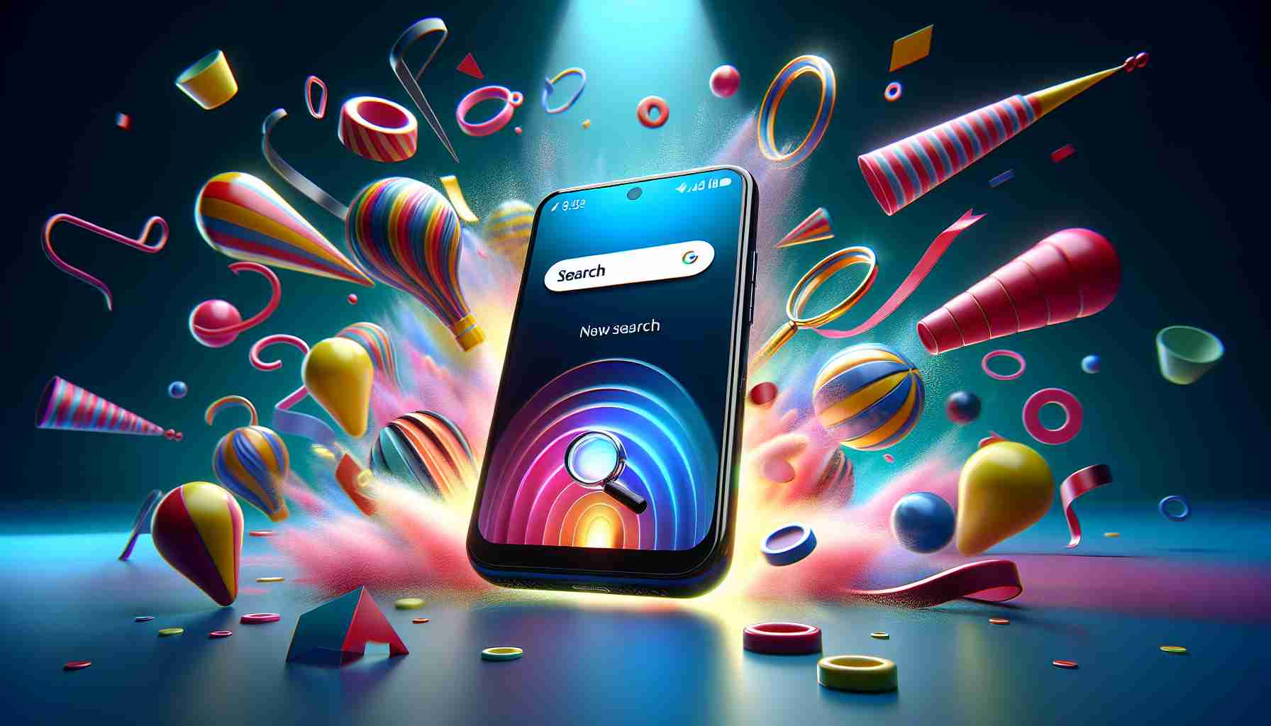 High-definition realistic image of a thrilling moment: A new search feature is now available on a generic smartphone model. Show the smartphone with a sleek design, vibrant display, and the new search function prominently featured on the screen. The scene set around the phone should indicate excitement and anticipation - perhaps with bright colors, dynamic shapes, and innovative design elements.