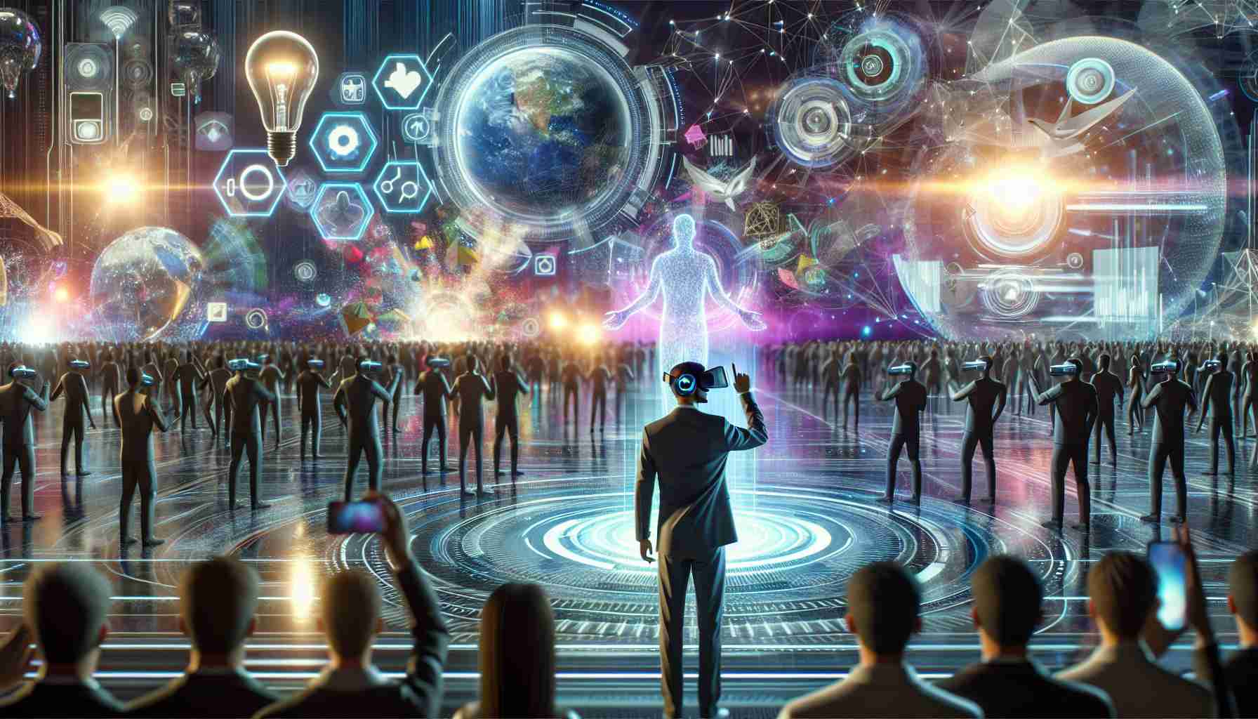 A HD realistic depiction of the latest advancements and developments in Extended Reality (XR) technology. The image includes various elements that represent this technology like VR headsets, AR glasses, and holographic displays in a technology expo setting. The environment should reflect excitement and innovation, possibly indicated by bright colors, dynamic lighting, and a crowd of people of different genders and descents interacting with the technology.