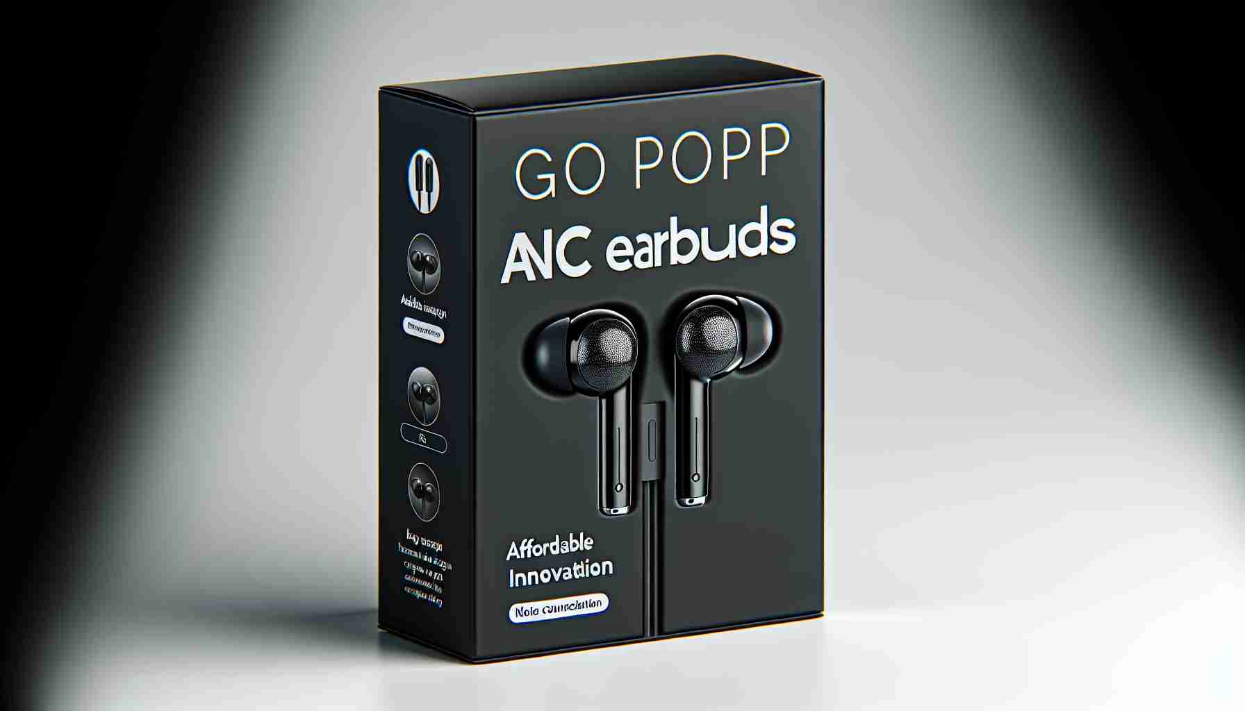 Generate a high-definition, realistic image showcasing a product named 'Go Pop ANC Earbuds'. They are marketed as 'Affordable Innovation'. Perhaps, they are sleek and modern, offering noise cancellation capabilities, portrayed in a stylish product package design.