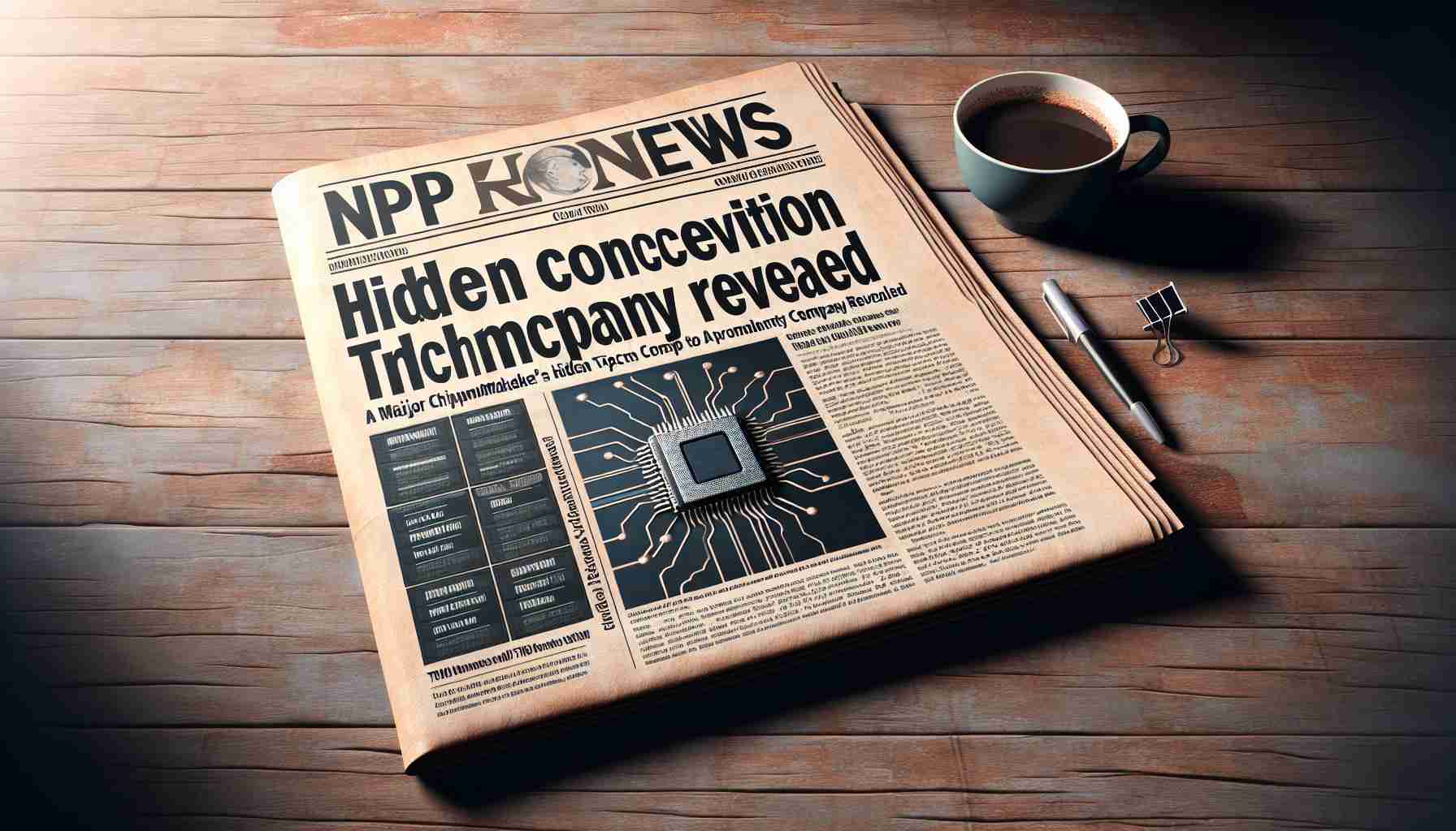 Create a realistic HD image of a newspaper headline focussing on a shocking discovery, implying a major chipmaker's hidden connection to a prominent tech company revealed. Include elements such as close-up of the newspaper on a wooden table with a coffee cup to the side. The newspaper should be opened to the page of the headline, with clear, bold letters hinting at the mystery and suspense of the breaking news.