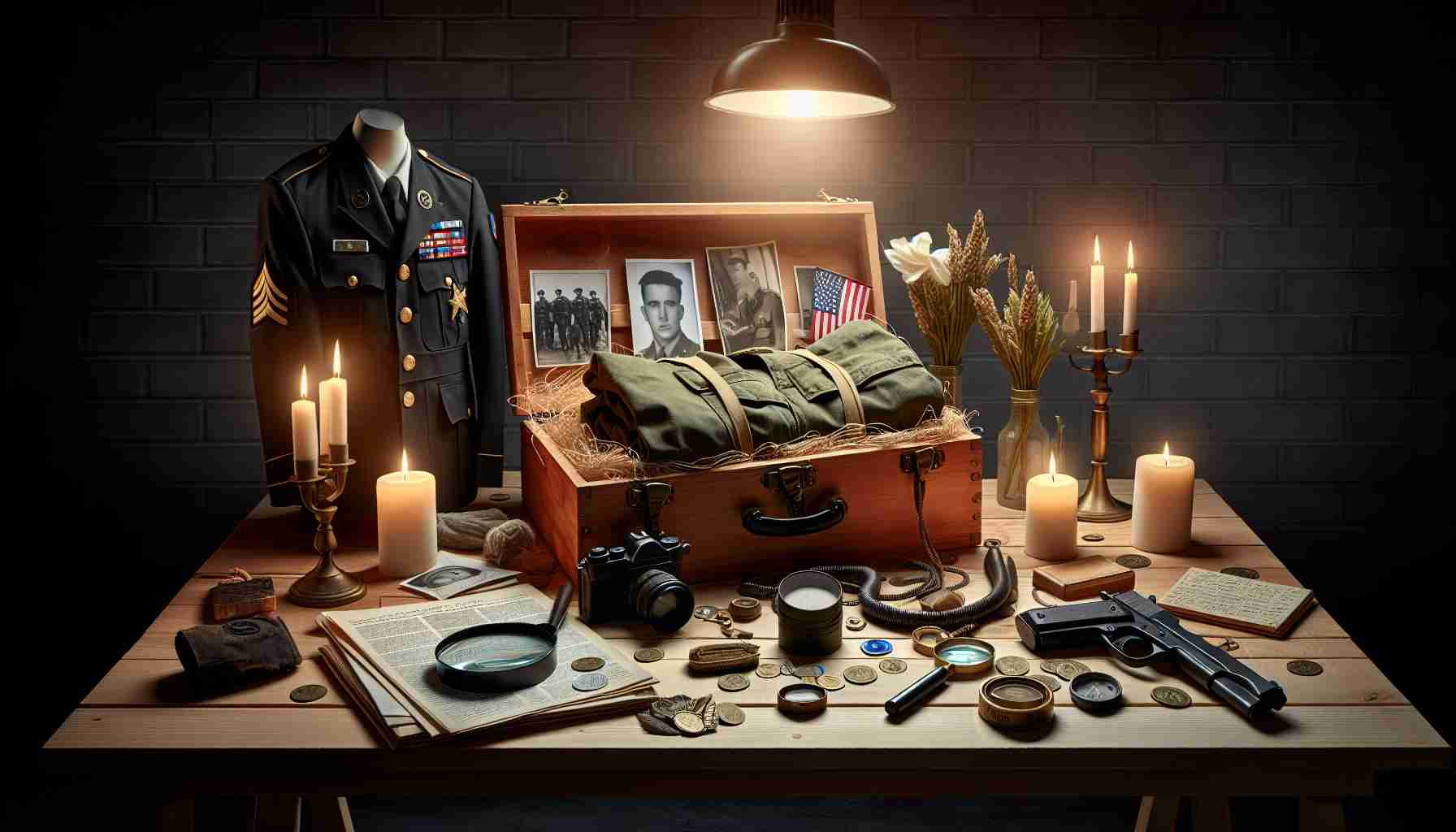 Create a realistic and detailed high-definition image that illustrates the concept of 'unveiling the truth behind a soldier's tragic end.' The image may include symbolic items such as military uniforms, personal mementos, and investigative tools. The scene should emit a vibe of solemnity and respect. The atmosphere should be filled with mystery and caution indicating the process of unveiling the truth. There should be no people in the scene.