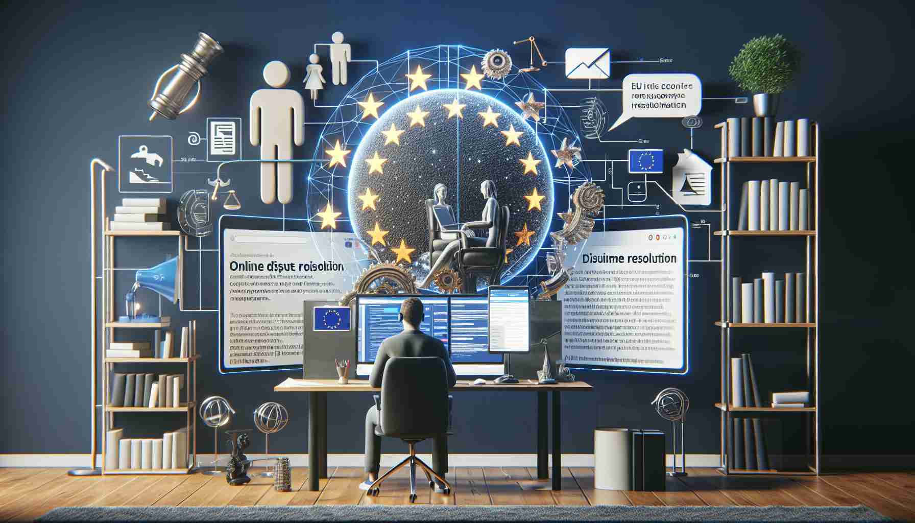 Create a highly detailed and realistic image depicting the concept of Online Dispute Resolution for Consumers within the context of the European Union. This scene may include elements such as a consumer engaged in an online chat with a representative, excerpts from EU law about consumer rights, a computer screen displaying a resolution process, and symbols representing online communication, consumer protection, and the EU flag. The setting could be a comfortable home environment with components suggesting advanced digital infrastructure. Make sure the image is in high definition.