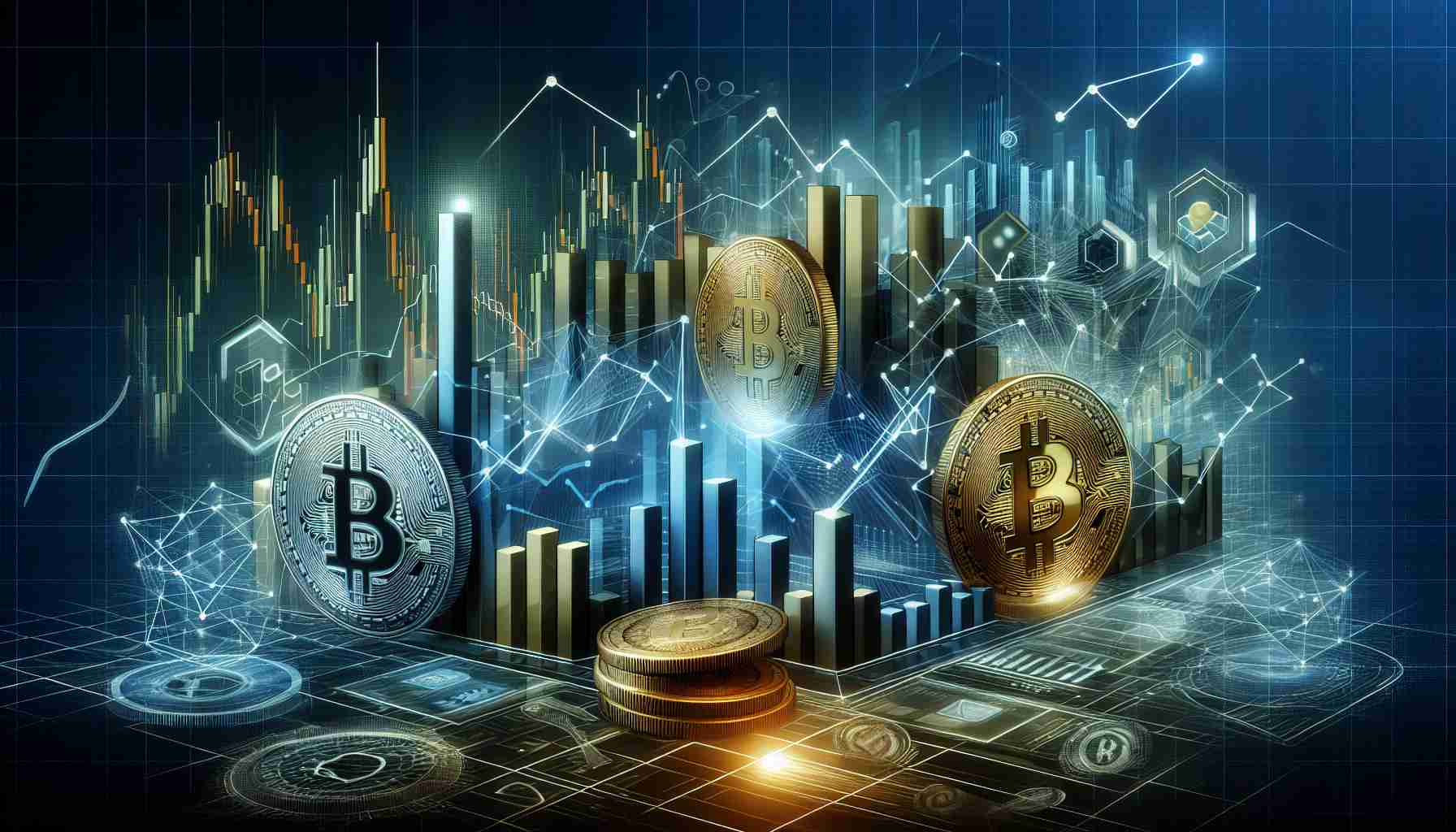 A realistic, high-definition image depicting the concept of market movements and emerging trends in cryptocurrency. This could include elements like stylized line graphs indicating price fluctuations, bar charts comparing different digital currencies, and abstract representations of new technologies. All these elements should be skillfully blended into one cohesive, dynamic image that visually communicates the nuanced world of cryptocurrency.