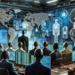 A highly-detailed, realistic illustration showing a modern digital environment to represent the new developments in cybercrime. Include visual elements such as expansive computer networks, futuristic user interfaces, lines of code, and digital locks or firewalls. Also, depict a group of Sudanese individuals, focusing on diversity, with different faces and ages, seeming worried and facing predicaments, to represent them facing charges. The setting can be in an innocuous room filled with high-tech equipment.