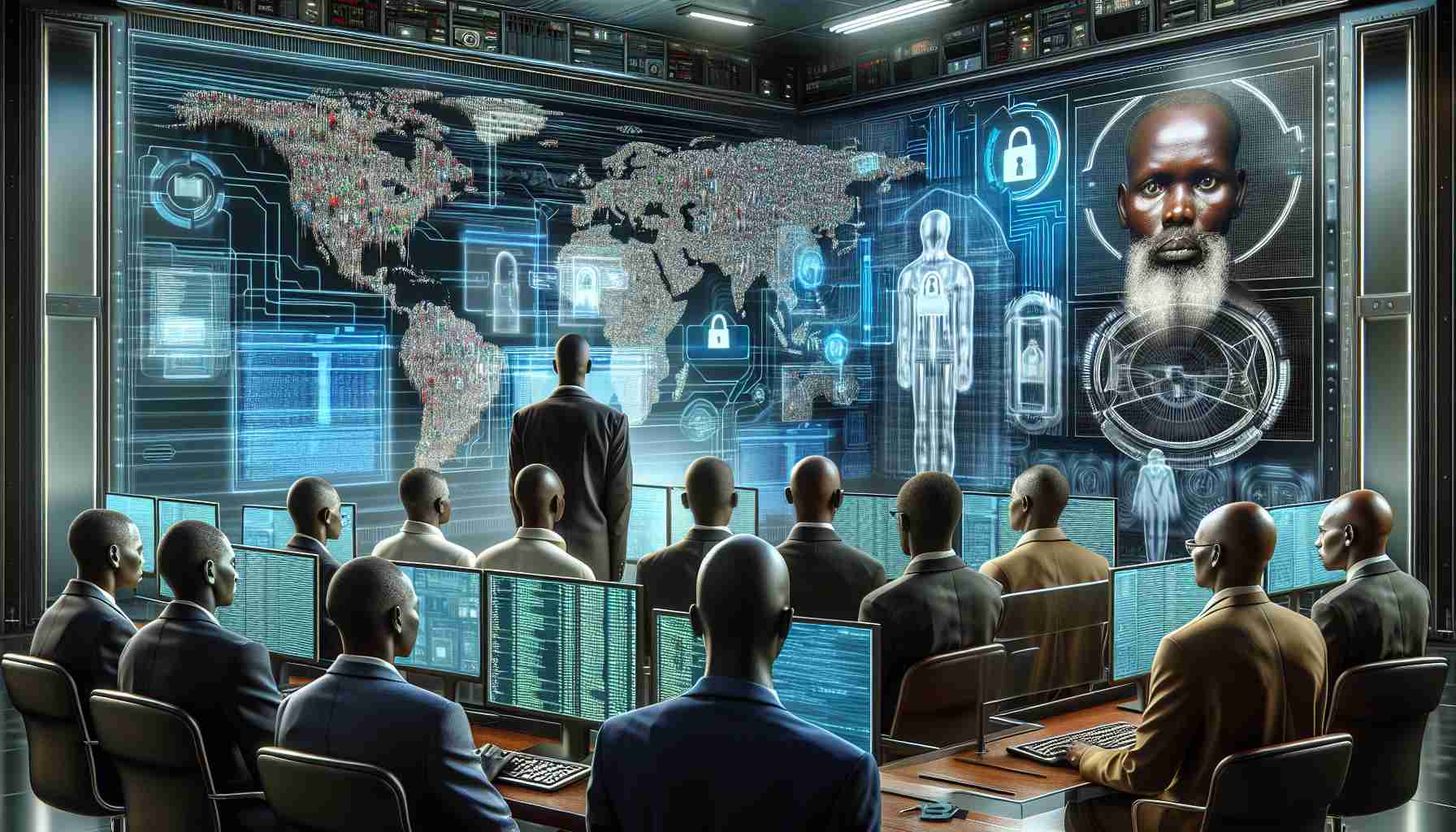 A highly-detailed, realistic illustration showing a modern digital environment to represent the new developments in cybercrime. Include visual elements such as expansive computer networks, futuristic user interfaces, lines of code, and digital locks or firewalls. Also, depict a group of Sudanese individuals, focusing on diversity, with different faces and ages, seeming worried and facing predicaments, to represent them facing charges. The setting can be in an innocuous room filled with high-tech equipment.