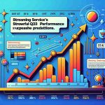 An infographic showing a rising graph that represents the strong Q3 performance which exceeded expectations of a streaming service brand. The line on the graph has a steep upward incline reflecting impressive growth. Surrounding details include quarterly dates for reference, vivid colors symbolizing the brand's energy, and a ticker-style news headline text below stating, 'Streaming Service's Powerful Third Quarter Performance Surpasses Predictions'.overall, the graphic presentation should convey a sense of accomplishment and optimism.