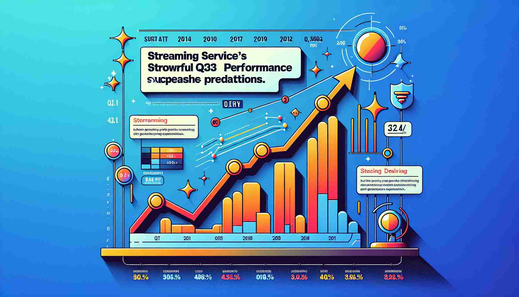 An infographic showing a rising graph that represents the strong Q3 performance which exceeded expectations of a streaming service brand. The line on the graph has a steep upward incline reflecting impressive growth. Surrounding details include quarterly dates for reference, vivid colors symbolizing the brand's energy, and a ticker-style news headline text below stating, 'Streaming Service's Powerful Third Quarter Performance Surpasses Predictions'.overall, the graphic presentation should convey a sense of accomplishment and optimism.