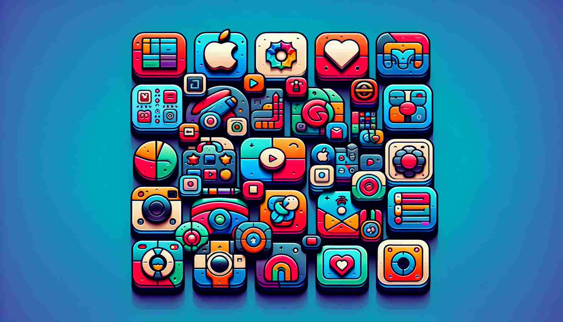 Generate a highly detailed, realistic image showcasing icons of exclusive applications that are only available on iOS, which are usually wished for by Android users. These icons should be brightly lit, displaying a variety of colors and shapes. Note: Do not directly or indirectly show any copyrighted logos or symbolism. Instead, illustrate generic application icons inspired by common app themes like social media, productivity, photography, and gaming.