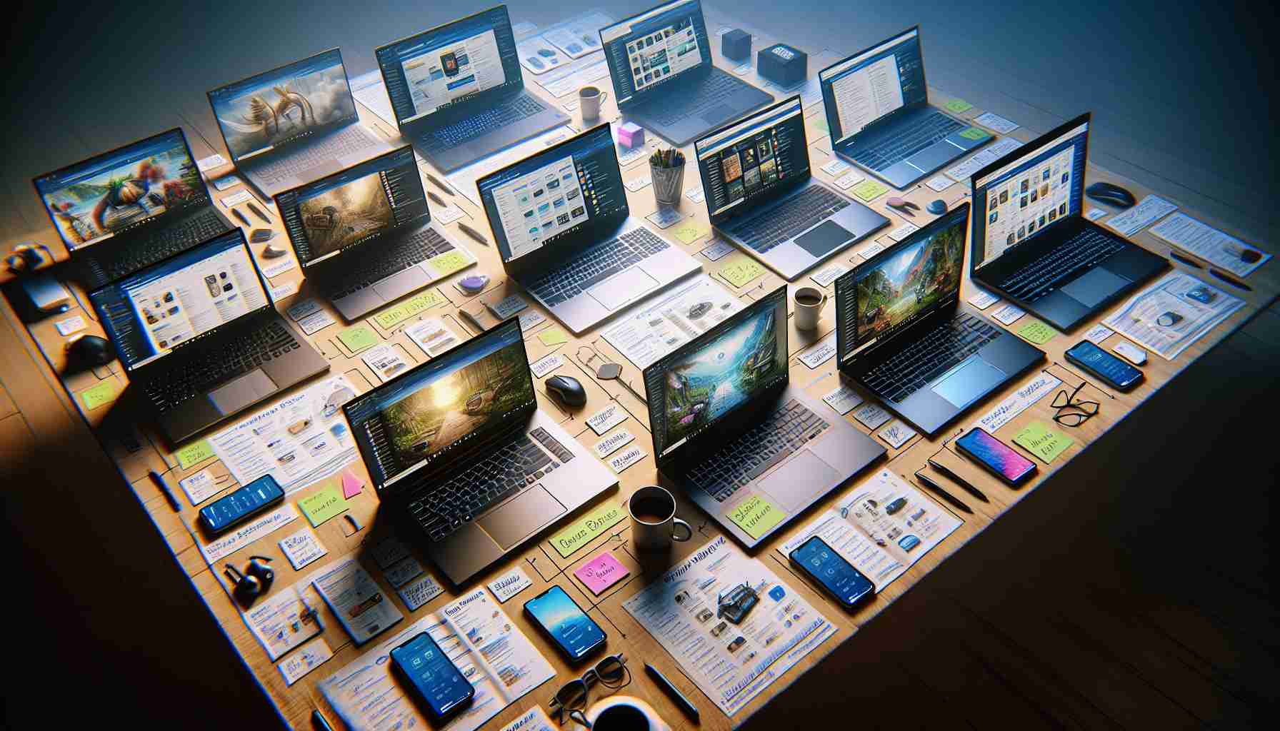 A high-resolution, realistic glimpse at a guide to affordable laptops for everyday tasks. The guide contains various types of budget-friendly laptops arrayed neatly on a table. Each laptop is open, revealing its screen displaying different tasks such as word processing, internet browsing, video streaming, and simple gaming. There should be notes, either digitally on the screens or physically on post-its, with key points about each laptop's features and cost. Surrounding the laptops, scatter some everyday objects like a coffee cup, smartphone, and a pair of glasses to show a home-like setting. Proper lighting to show the quality and condition of the laptops is crucial.