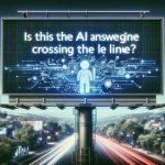 A sophisticated HD illustration, embodying realism, displaying the text 'Is This AI Answer Engine Crossing the Line?' prominently, perhaps on a billboard or screen with a diverse cityscape or a technology orientated backdrop to accompany it.