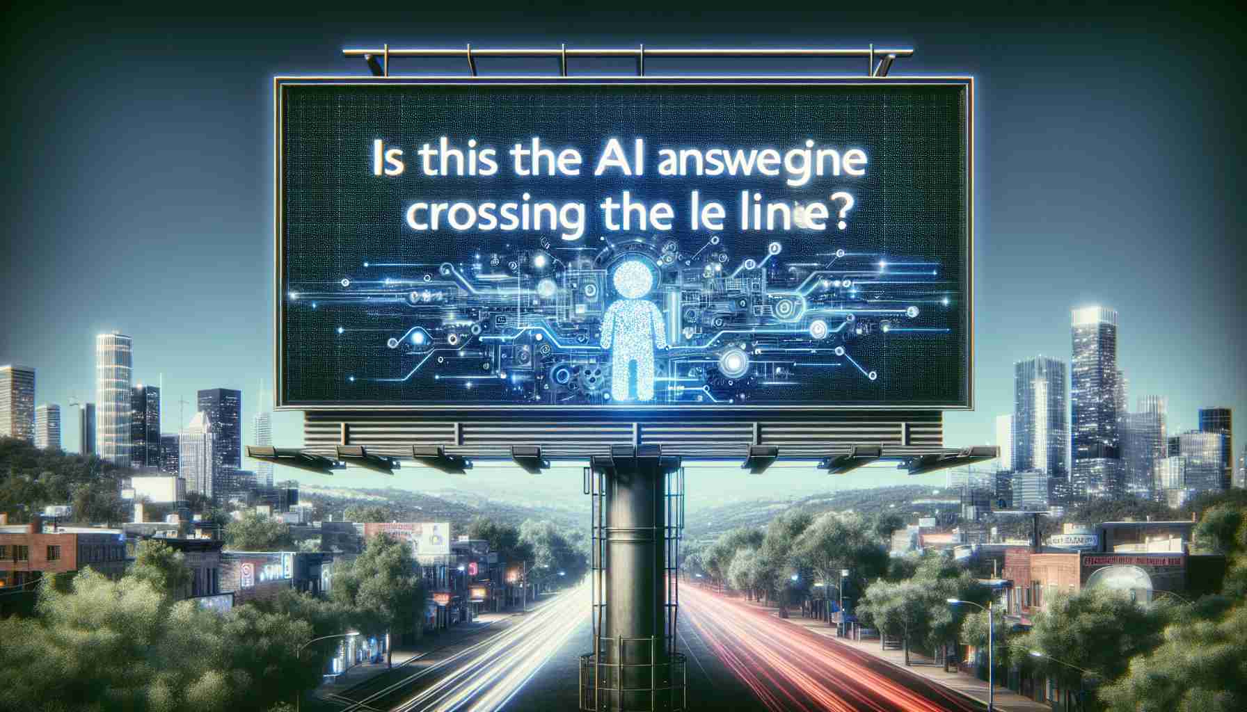 A sophisticated HD illustration, embodying realism, displaying the text 'Is This AI Answer Engine Crossing the Line?' prominently, perhaps on a billboard or screen with a diverse cityscape or a technology orientated backdrop to accompany it.