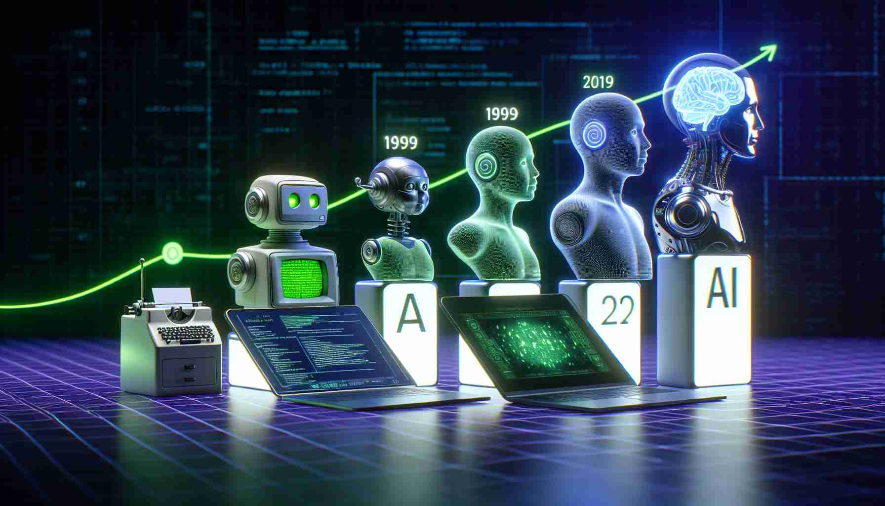 An ultra-high-definition, photorealistic representation tracking the progression of Artificial Intelligence. The scene starts with a primitive AI, depicted as an old-school computer with a green text interface, symbolizing the early stages when AI systems were rudimentary. The next phase shows an advanced chatbot, represented by a modern laptop showcasing a complex dialog interface. Finally, the furthest stage of evolution reveals an advanced, autonomous AI system, visualized as a futuristic device with a 3D holographic UI. Please add an indication of time's progress and use different shades of color for each stage to emphasize the evolution.