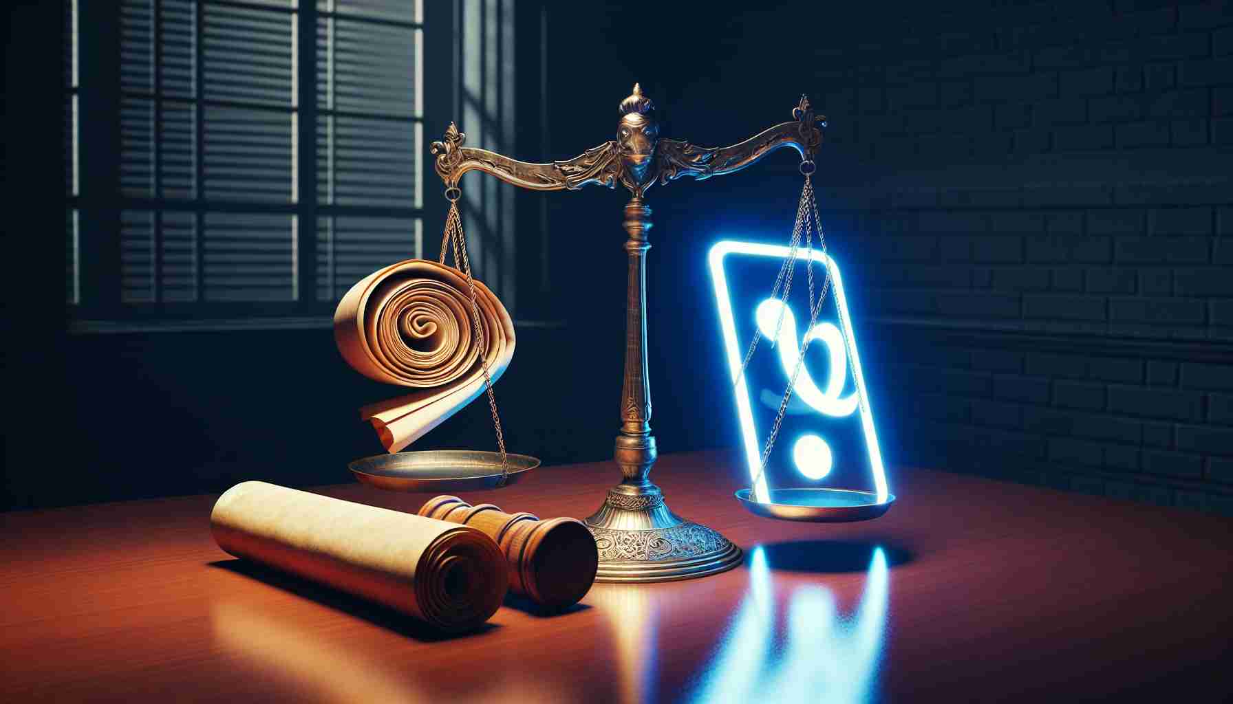 A hyper-realistic, high-definition depiction of a metaphorical representation of legal action. Visualize a large scale, placed on a classical wooden desk, symbolizing justice. On one side of the scale, display a rolled-up scroll representing legal enforcement. On the other side, there's a glowing smartphone displaying an abstract logo, trying not to resemble any real-world app yet giving the hint of a social media platform impacting the youth. Please do not use any existing company logos or copyrighted material for this depiction.