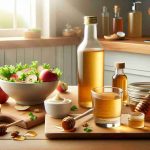 Create a high definition, realistic image of various enjoyable ways to consume apple cider vinegar. The scene should include a small glass with apple cider vinegar being mixed with honey, a bowl with an apple cider vinegar salad dressing, and a bottle of apple cider vinegar used in a skincare routine. The background setting should be a light, bright kitchen with a wooden table. On the table should be the bottle of apple cider vinegar, a jar of honey, a bowl of salad, and cosmetic containers. The lighting should be natural and soft, creating a warm, inviting mood.