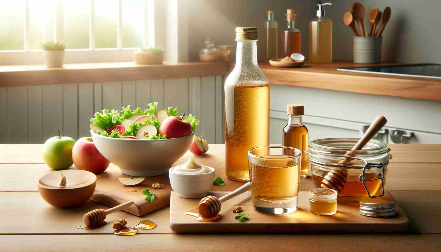 Create a high definition, realistic image of various enjoyable ways to consume apple cider vinegar. The scene should include a small glass with apple cider vinegar being mixed with honey, a bowl with an apple cider vinegar salad dressing, and a bottle of apple cider vinegar used in a skincare routine. The background setting should be a light, bright kitchen with a wooden table. On the table should be the bottle of apple cider vinegar, a jar of honey, a bowl of salad, and cosmetic containers. The lighting should be natural and soft, creating a warm, inviting mood.