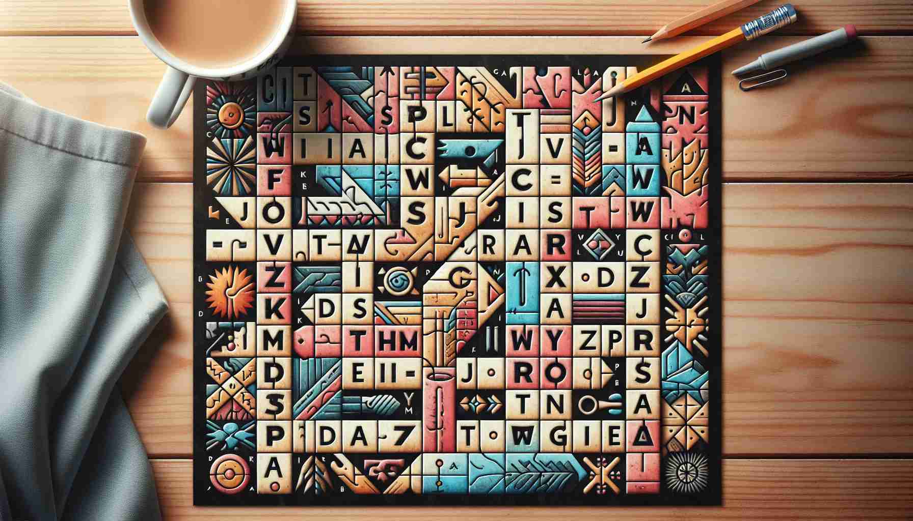 Create a realistic, high-definition image of a daily word puzzle. It should be filled with scrambled letters forming hidden words diagonally, vertically and horizontally. Include tips and insights embedded within the puzzle, like arrows indicating word direction or circles highlighting the starting point of the words. The atmosphere of the image should be fun and engaging, with colorful designs and playful fonts. The puzzle could be placed on a wooden table, with a steaming cup of coffee and a pencil on the side for an added cozy, relaxed vibe.