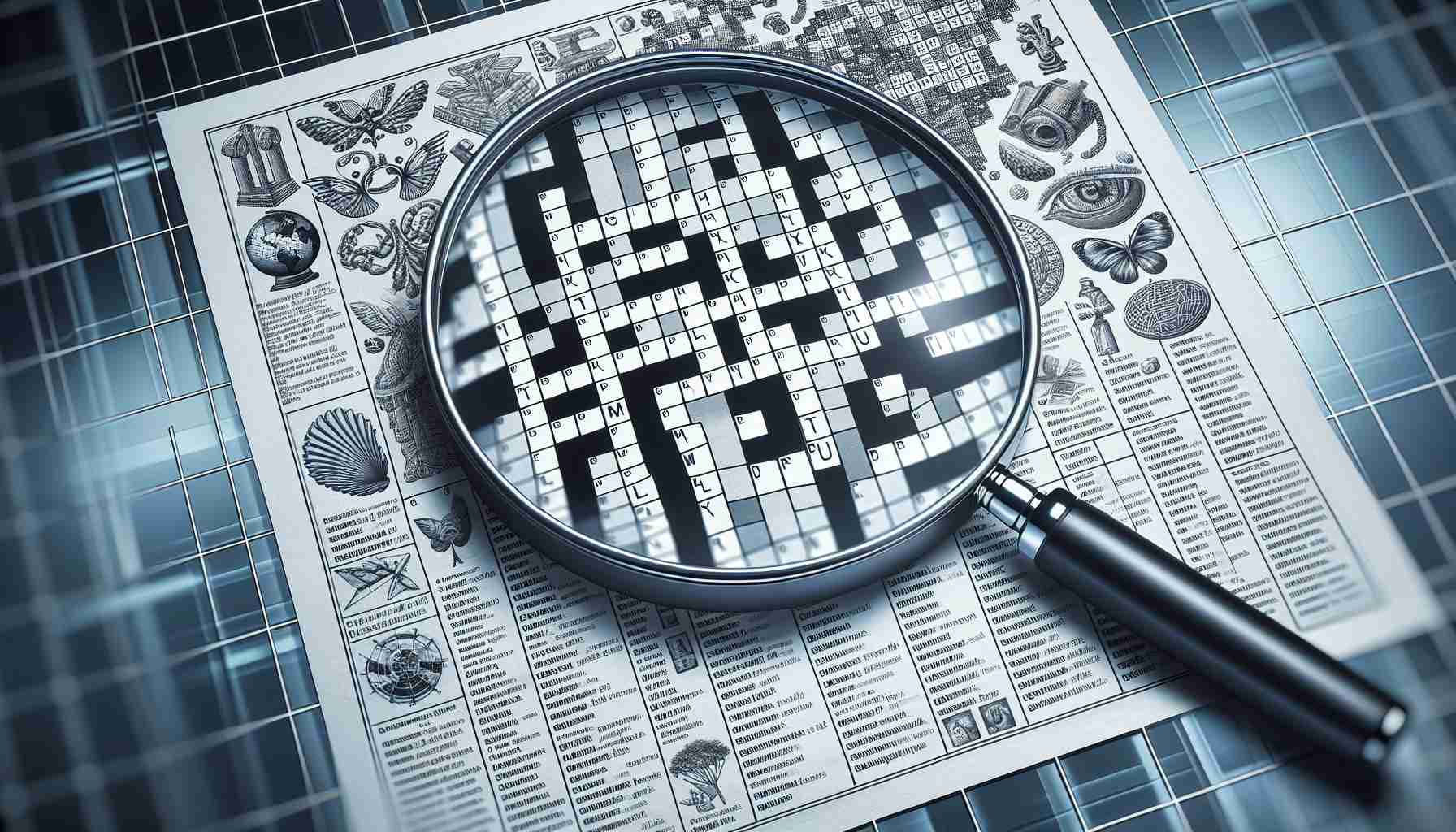 A high-definition, realistic image depicting the world of crossword puzzles. Visualize a large crossword puzzle magnified to show the intricacies of its black and white squares. Letters are strategically dropped into the boxes, forming words that intersect at various points, hints are provided below the crossword puzzle. Imagine a magnifying glass hovering over the puzzle, highlighting the complexity and depth of words used. The background subtly reveals different cultural symbols from around the world, symbolizing exploring the world through crossword puzzles.