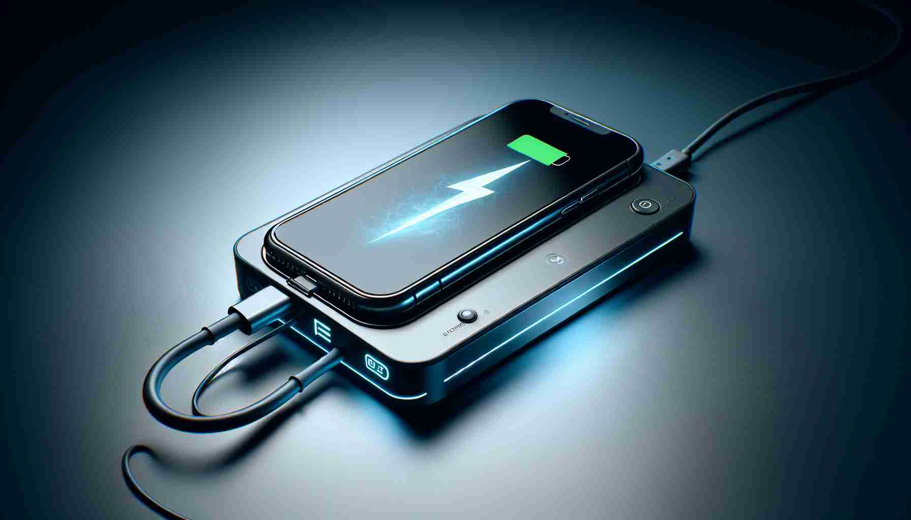 Generate an image of a practical and shocking solution to mobile phone charging problems. It's an innovative device, capable of recharging an iPhone's battery in record time, making it a must-have accessory for mobile users. The device has a sleek, modern design, and is shown in high-definition detail with an iPhone placed next to it, visibly connected via the charging cable.