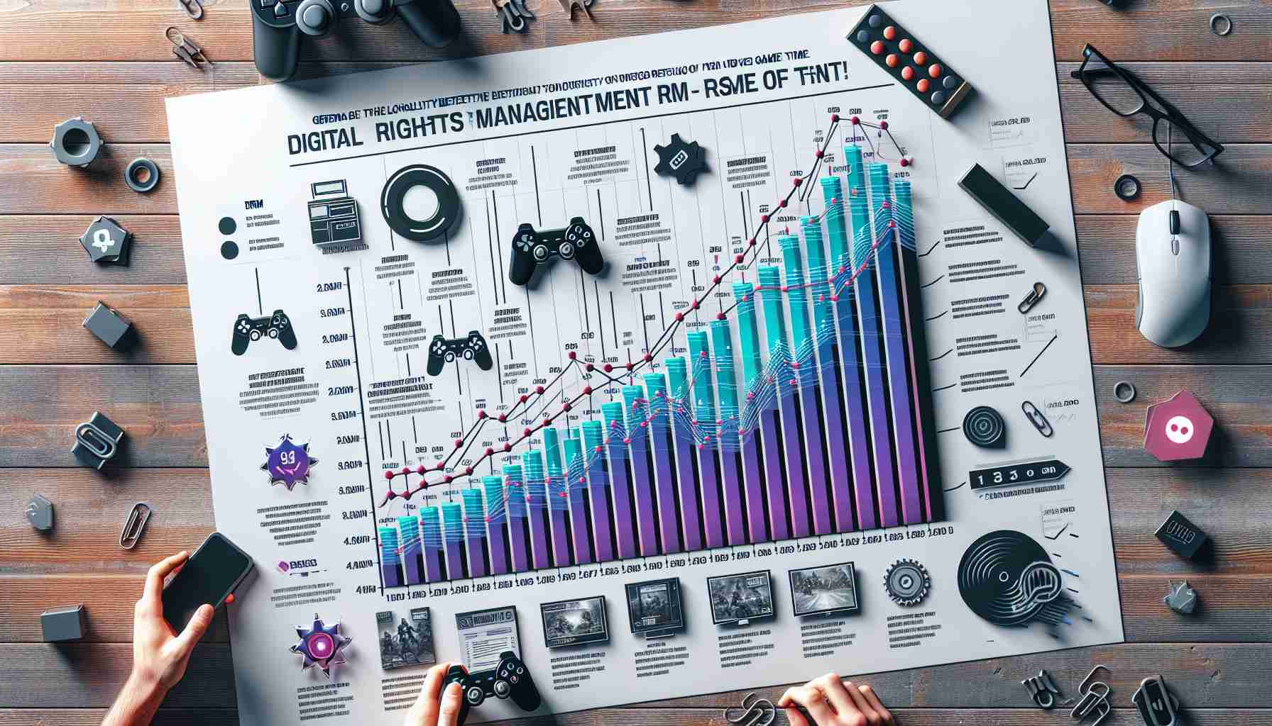 Generate a realistic High-Definition infographic detailing the relationship between the longevity of Digital Rights Management (DRM) and its impact on video game sales over time. The infographic should represent the trend graphically, showing data points for various games, with the X-axis representing the duration of DRM and the Y-axis representing the sales volume. Decorate the infographic with gaming-related visuals.