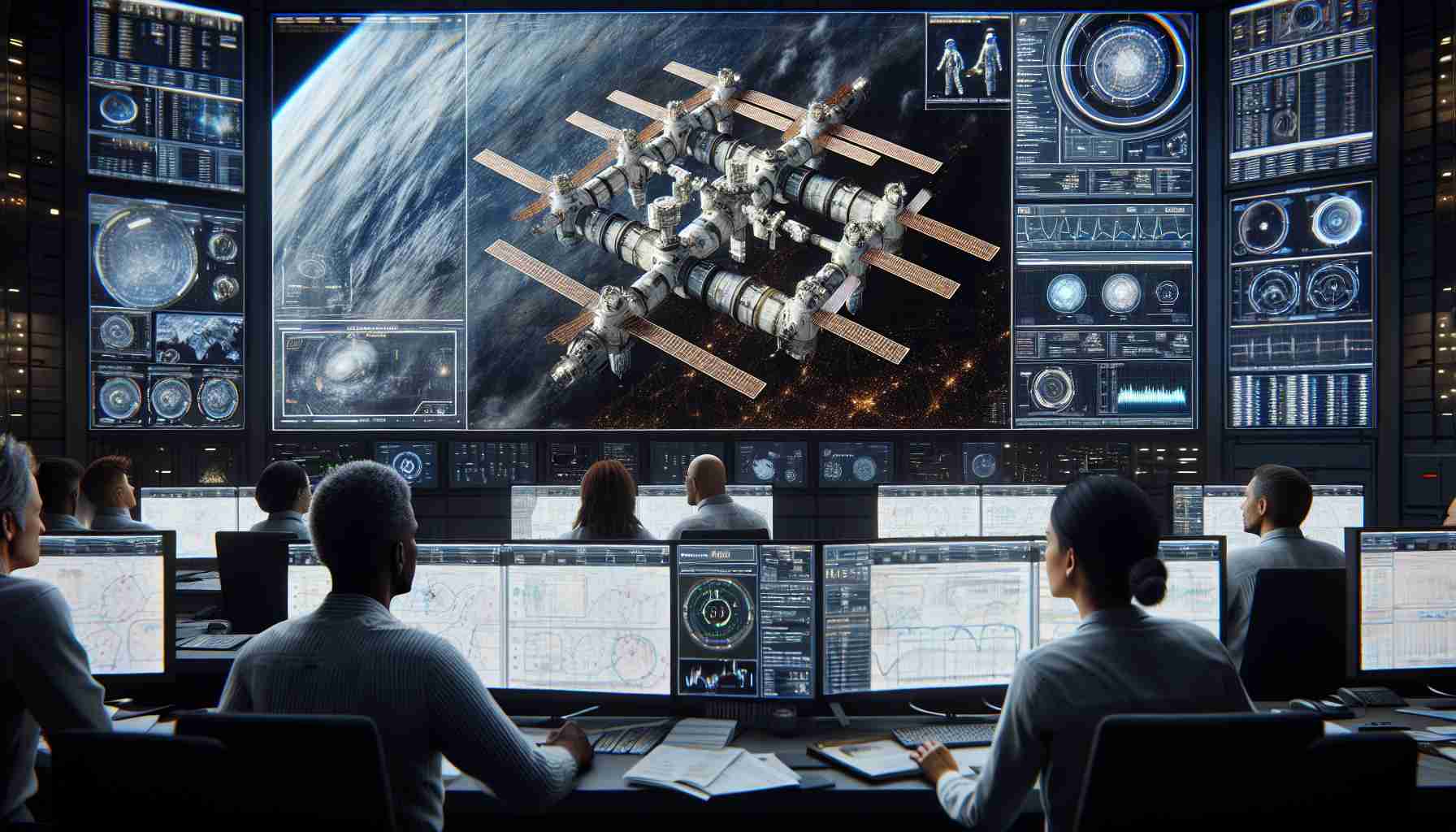 A high-definition, realistic image featuring a group of experts from an esteemed space organization addressing concerns about the aging condition of an International Space Station. The room is filled with numerous detailed screens displaying data and simulations. The team consists of a Caucasian male analyst carefully studying the on-screen data, a black female engineer sharing her thoughts on possible solutions, a Hispanic male astronaut providing his insights from a practical perspective, and a South Asian female project manager coordinating the discussion. Their expressions are serious and focused, speaking volumes about the gravity of the situation.