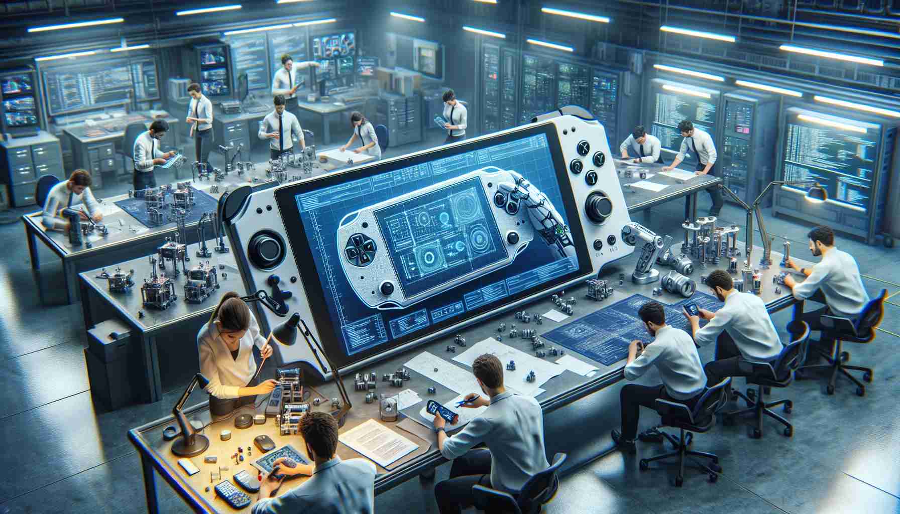 Realistically detailed, high definition representation of the philosophy of prioritizing quality over quantity, metaphorically expressed through the development process of a fictional handheld gaming console. The scene features engineers and designers collaboratively working, fine-tuning the console's design and software, pouring over blueprints and coding screens. Carefully stress-testing the console for durability and performance are key elements of the picture. The setting is a futuristic, spacious, and well-lit lab equipped with high-tech equipment and tools.