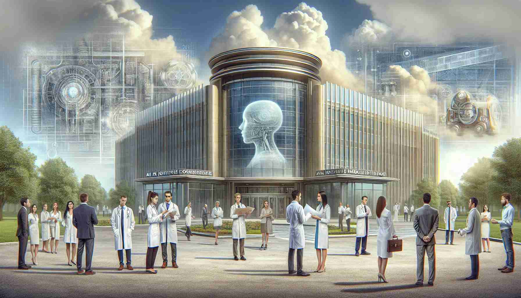 A high-definition, realistic image depicting an iconic AI institute amidst signs of restructuring. The image should demonstrate a certain level of concern among the onlookers. The institute entrance is adorned by a modern, technologically advanced facade while a group of diverse scientists are seen discussing animatedly. The sky above the institute appears cloudy, suggesting an impending transformation. Details such as blueprints in the scientist’s hands, expressions of concern and debate, and the high-tech design of the institute must be magnified, reflecting the essence of the situation described.