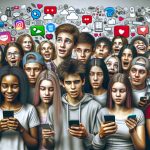 A realistic high-definition image depicting the influence of social media on contemporary youth. Picture a diverse group of teenagers from various descents like Caucasian, Hispanic, Black, Middle-Eastern, and South Asian, each engaged with their smartphones. Some show expressions of joy, surprise, or curiosity, reflecting the positive aspect of social media to connect and learn. Others appear frustrated or overly consumed, signifying the potential drawbacks. Background elements like app logos, internet cloud, and digital icons float around, symbolizing the pervasive presence of social media.