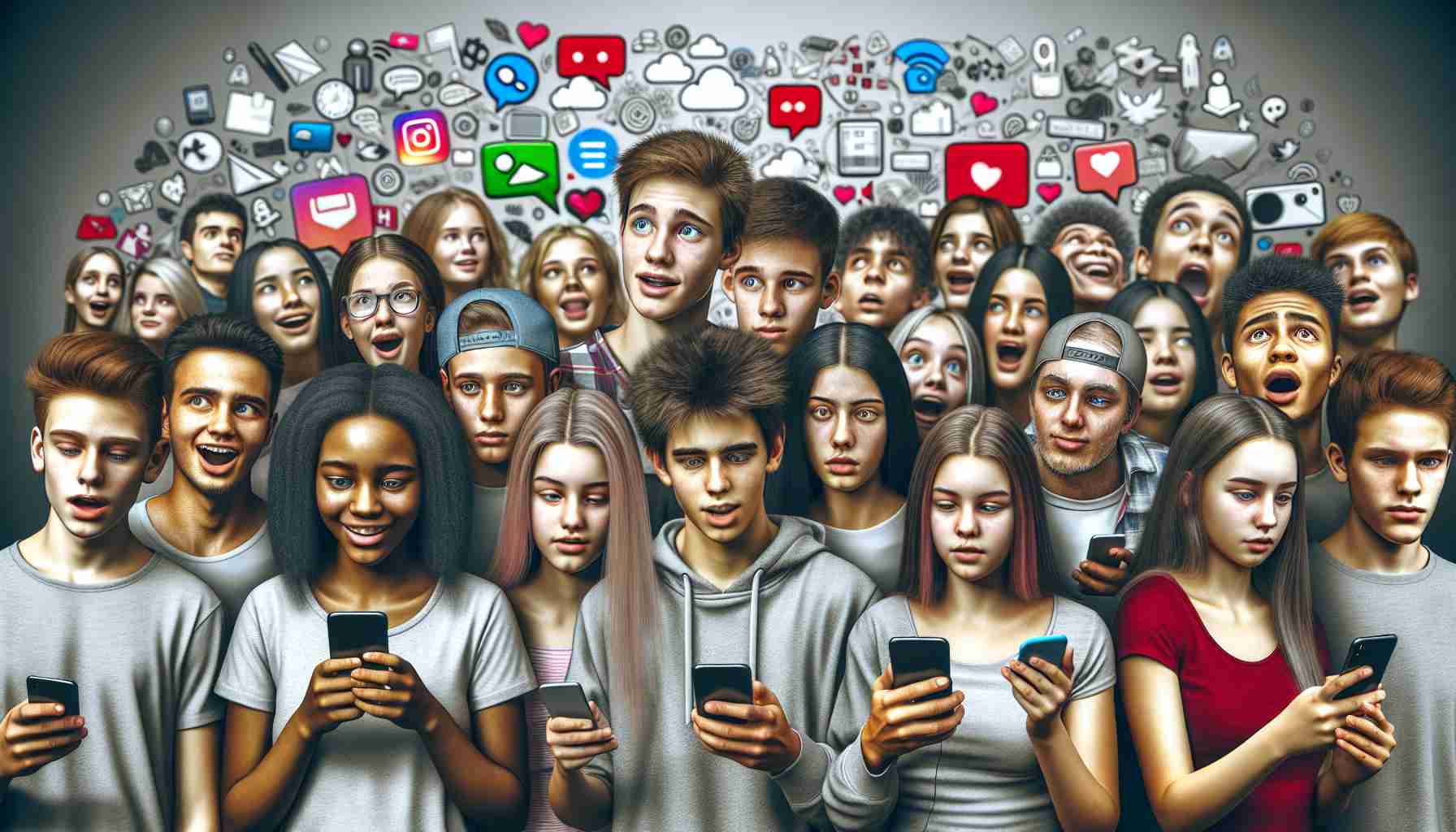 A realistic high-definition image depicting the influence of social media on contemporary youth. Picture a diverse group of teenagers from various descents like Caucasian, Hispanic, Black, Middle-Eastern, and South Asian, each engaged with their smartphones. Some show expressions of joy, surprise, or curiosity, reflecting the positive aspect of social media to connect and learn. Others appear frustrated or overly consumed, signifying the potential drawbacks. Background elements like app logos, internet cloud, and digital icons float around, symbolizing the pervasive presence of social media.