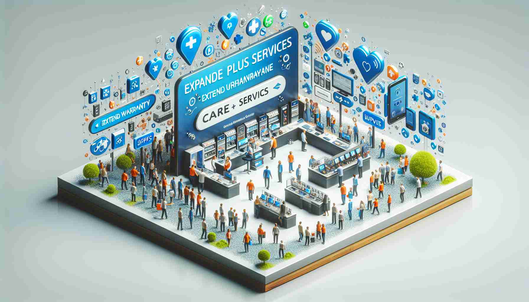 High-definition, realistic image of a conceptual representation that depicts the expansion of Care Plus Services by a large electronics company. The image should contain visual elements such as a service counter, helpful employees, customers with electronics products, and various relevant symbols and icons that represent extended warranty or support services.