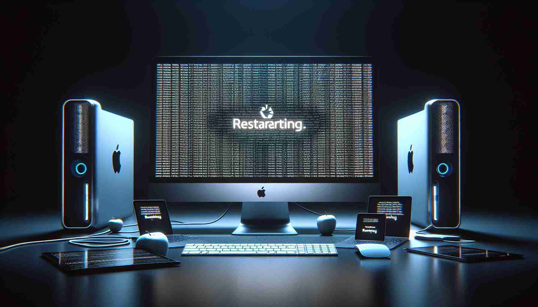 Create a hyper-realistic high-definition image presenting a scenario of a Mac Pro computer in a state of repeated restarting. The computer screen displays a prominent 'restarting' message and the overall mood of the scene should convey a sense of predicament.