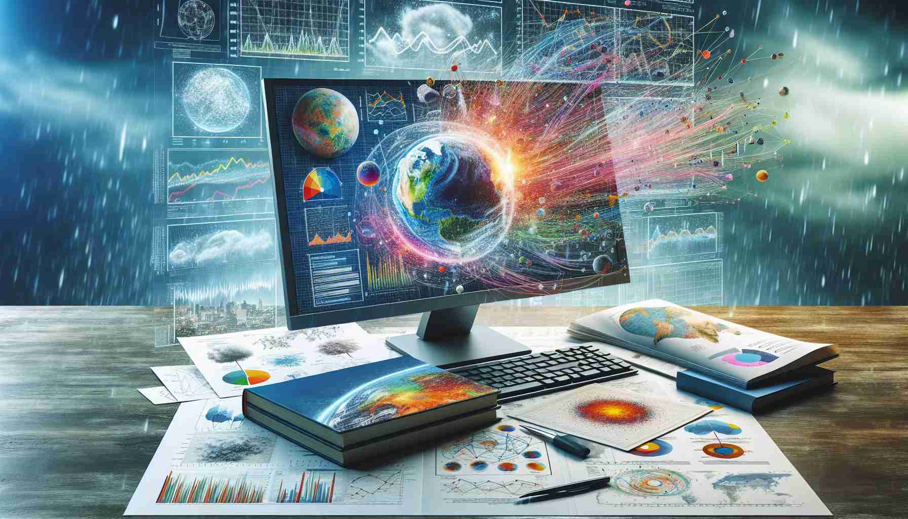 An detailed and realistic high definition depiction of the process of weather data visualization. The scene could included a computer screen displaying vibrant, colorful charts, graphs and maps related to weather data. Next to the computer could be textbooks with the titles 'Meteorology' and 'Data Science'. Around the computer, there might be printouts of weather patterns and other meteorological data. On the computer screen, things such as temperature gradients, wind patterns, humidity levels etc. could be visualized in an abstract yet understandable way, aiming to unlock the secrets of weather prediction.