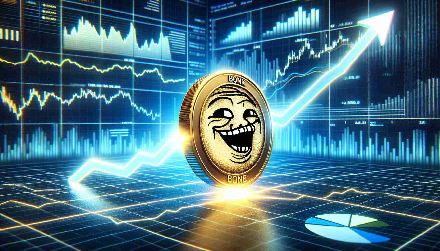 A high-resolution, realistic illustration of a potential breakout moment for a conceptualized meme coin named 'BONK'. Depict the coin radiating light and displaying growth using charts or graphs in a data digital screen backdrop.