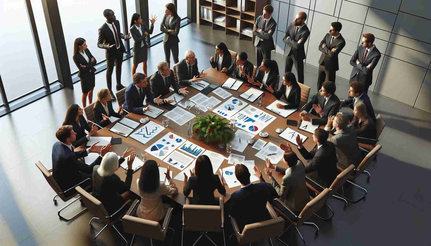 Generate a high-definition, realistic image depicting the scene of a heated corporate dispute during an interview. This scenario might show people around a large table in a boardroom, with an array of paperwork, charts, and graphs spread out. Some individuals may be gesticulating or displaying intense expressions, indicating a passionate debate. Ensure to include a diverse representation of genders and ethnicities, such as a Black woman, a Middle Eastern man, a South Asian woman, and a Caucasian man.