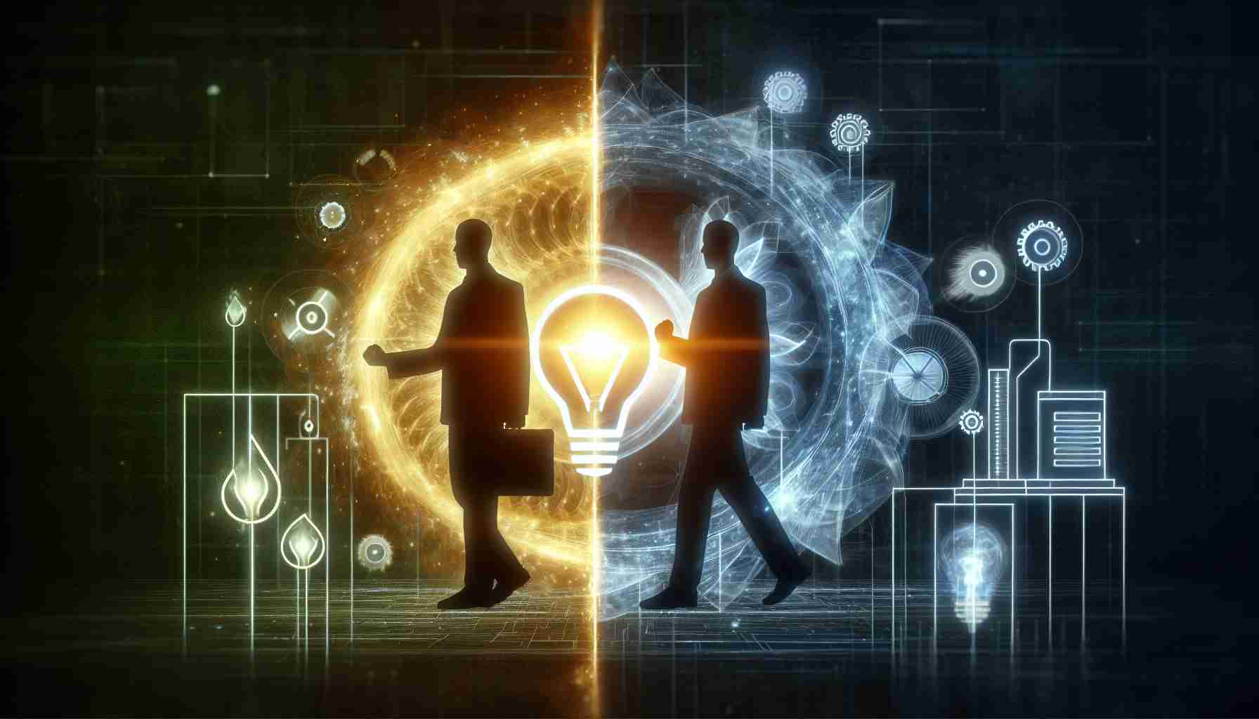 An HD image showing two abstract entities representing innovation and energy solutions, depicted in the form of power symbols and efficient technology designs. This depiction illustrates a partnership in an imaginary context, without attributing the entities to any existing companies.