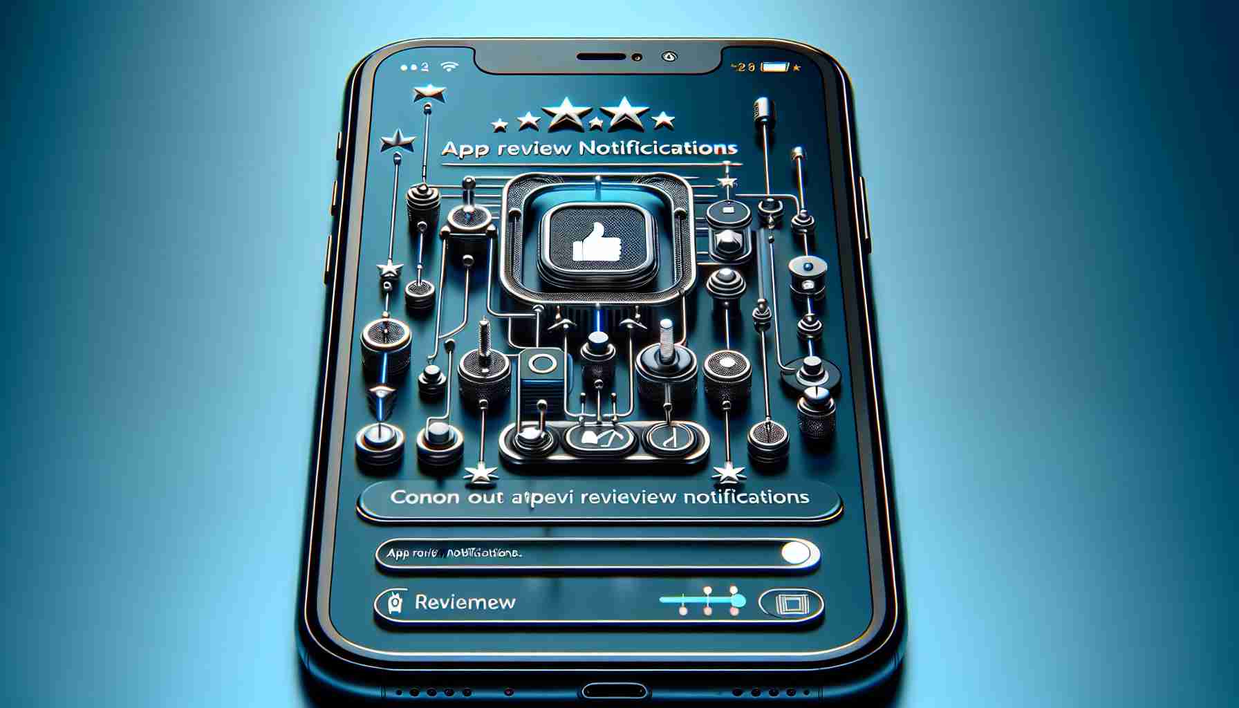 Generate a detailed and realistic high-definition image of a modern, sleek iOS device, perhaps an iPhone or an iPad, with the screen visible. On the screen, a lively visual representation of an 'App Review Notifications' management interface is shown. The interface might include toggles, sliders, notification previews, and other features that provide the user with control over the app review notifications they receive.