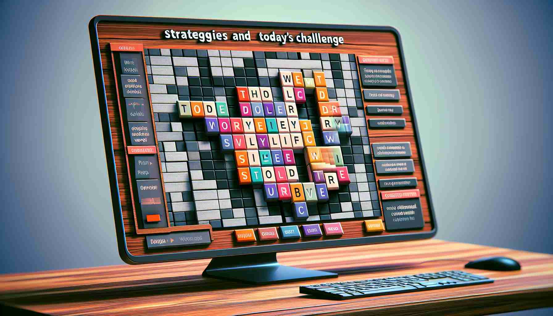 Generate a high-definition, realistic image of a screen displaying a game of Wordle. The screen should show several attempts at the puzzle, with an overlay text on top that reads 'Strategies and Today's Challenge'. Include various color blocks to represent the different words already attempted, indicating different stages of correct, incorrect or partially correct guesses. Surround the screen with a visual of a desk, whereupon the screen sits, to provide more naturalism to the scenario.