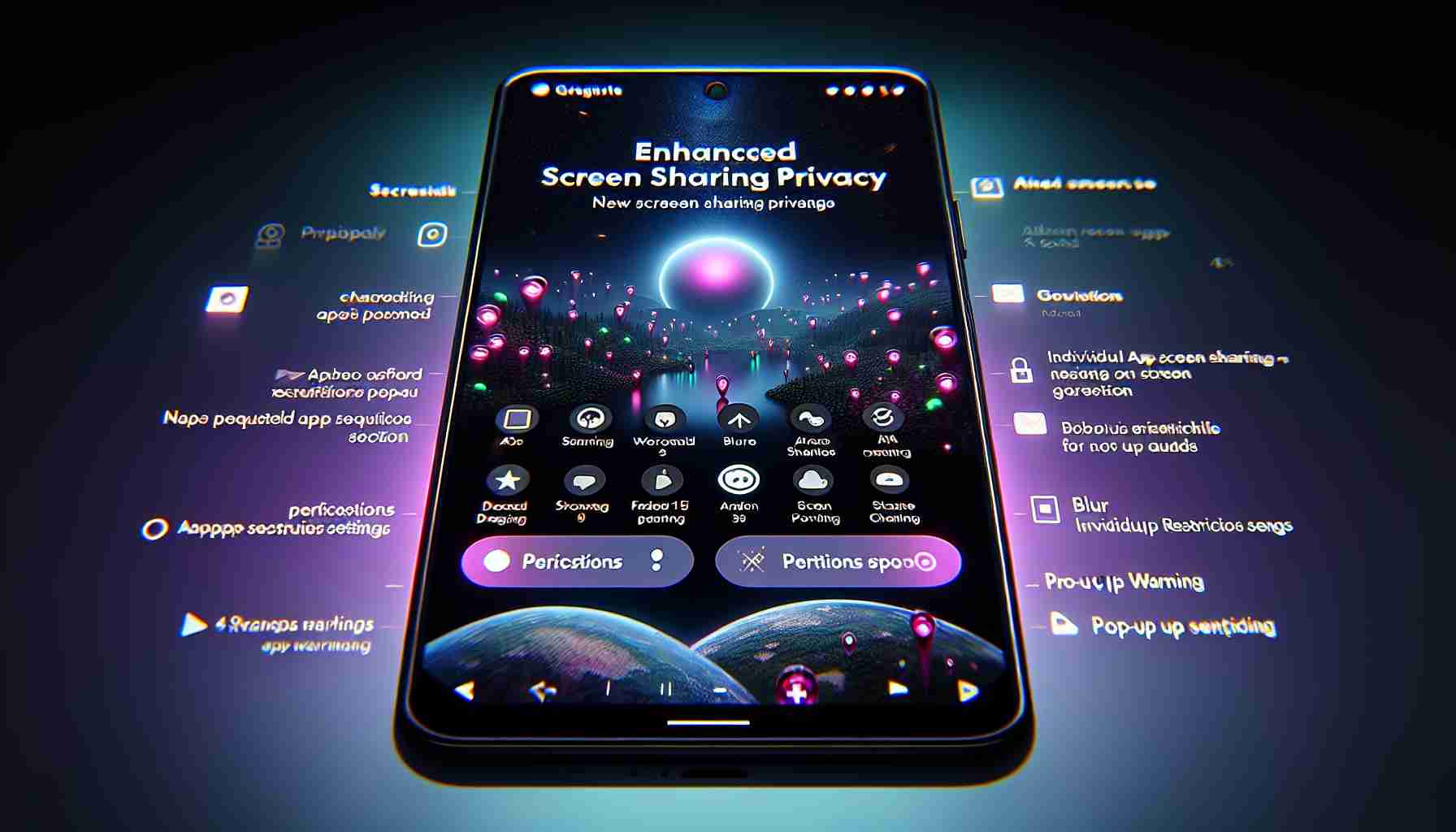 Generate a realistic high-definition image displaying enhanced screen sharing privacy on a device running Android 15 QPR1. The scene should include a sleek, modern smartphone with the Android 15 QPR1 interface displayed, featuring an open app request for screen sharing highlighting new privacy functions such as a blur tool or pop-up warning. Also, include indicators like permissions pop-up and individual app restrictions settings in a neat and organized layout.