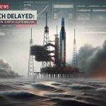 Create a realistic high definition image featuring a news headline 'Launch Delayed: Hurricane Milton Postpones Europa Clipper Mission'. The scene should depict a background with storm clouds forming, signaling the imminent hurricane. The focus is on the launch pad in the foreground, ready for launch, but clearly halted due to the weather. Display the Europa Clipper, the spacecraft intended for the mission, lying dormant and awaiting a safer time for its journey. Subtle, digital overlays of news graphics and texts associated with hurricane warnings and launch delay should be visible.