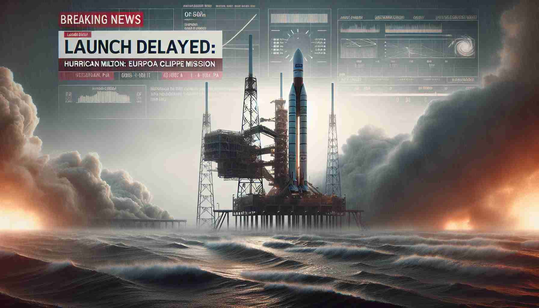 Create a realistic high definition image featuring a news headline 'Launch Delayed: Hurricane Milton Postpones Europa Clipper Mission'. The scene should depict a background with storm clouds forming, signaling the imminent hurricane. The focus is on the launch pad in the foreground, ready for launch, but clearly halted due to the weather. Display the Europa Clipper, the spacecraft intended for the mission, lying dormant and awaiting a safer time for its journey. Subtle, digital overlays of news graphics and texts associated with hurricane warnings and launch delay should be visible.