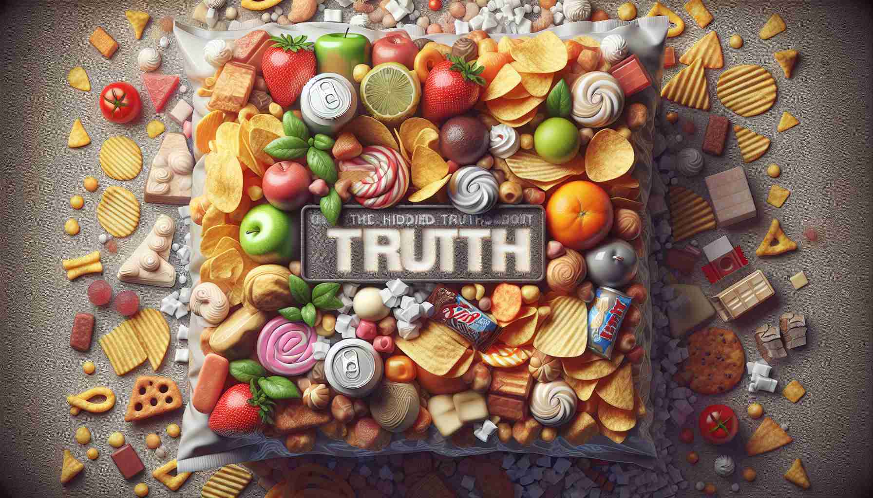 A detailed, high-definition image representing the hidden truths behind popular snacks. The image should conceptualize, without the usage of text or explicit depictions, what these 'truths' could be. This could include imagery suggesting high sugar content, unhealthy ingredients, or the potentially harmful effects of excessive consumption. The rendering style should be realistic and the snacks should range from chips to candy, illustrating a variety of snacks commonly enjoyed.