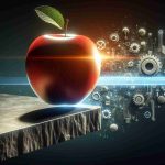 A highly realistic, HD depiction of the concept of an advanced technology represented as an apple, indicating a major tech company. The apple is balancing precariously on an edge, serving as a metaphorical image representing potential change, with the question looming: Are we facing its end or a major makeover? Include techie elements symbolizing transformation, like gears and light beams, to hint at a possible upgrade or revision.