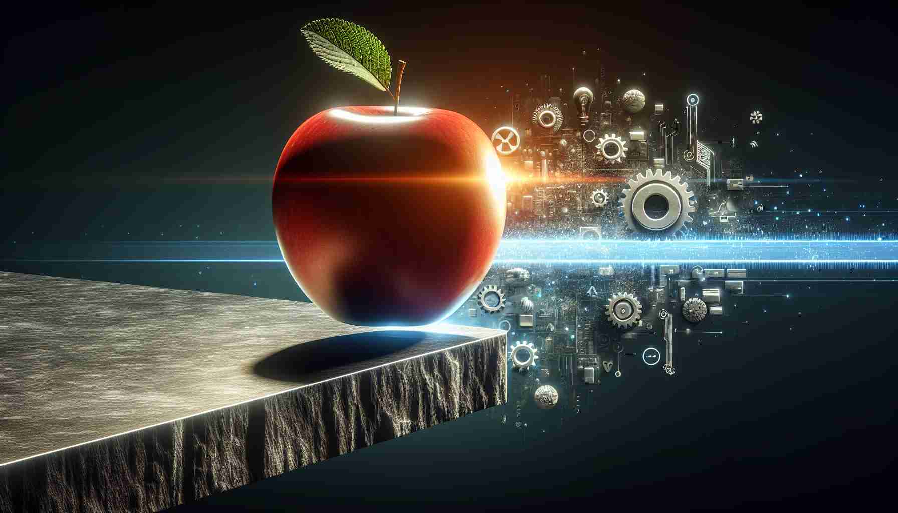 A highly realistic, HD depiction of the concept of an advanced technology represented as an apple, indicating a major tech company. The apple is balancing precariously on an edge, serving as a metaphorical image representing potential change, with the question looming: Are we facing its end or a major makeover? Include techie elements symbolizing transformation, like gears and light beams, to hint at a possible upgrade or revision.